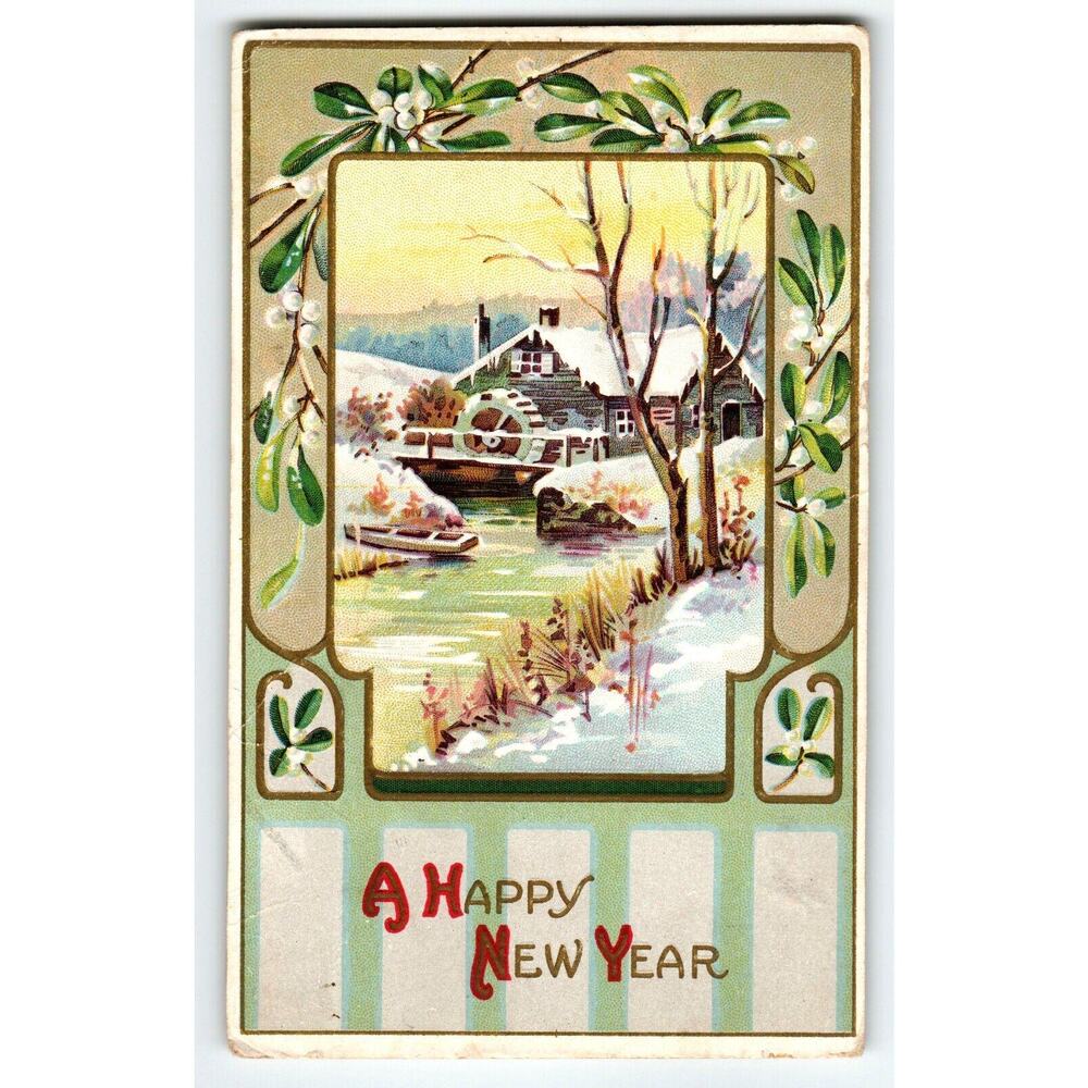 A Happy New Year Embossed Postcard Water Wheel Vintage Rustic Snowy Cottage